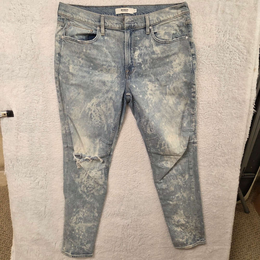 Hudson Los Angeles Mens Jeans Size 38 Acid Wash Distressed Moto Denim‎
